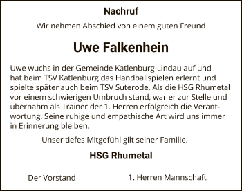 Todesanzeige von Uwe Falkenhein von HNA