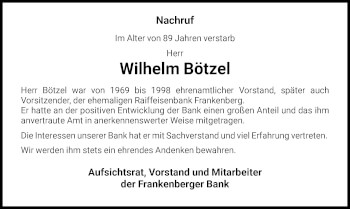 Todesanzeige von Wilhelm Bötzel von HNA