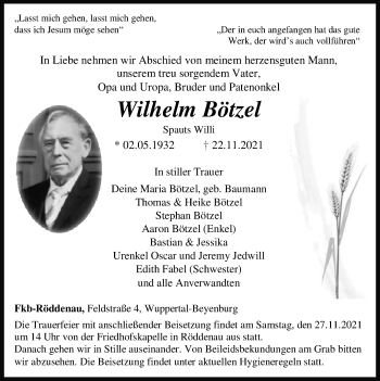 Todesanzeige von Wilhelm Bötzel von HNA