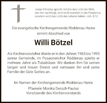 Todesanzeige von Willi Bötzel von HNA
