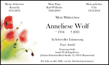 Todesanzeige von Anneliese Wolf von HNA