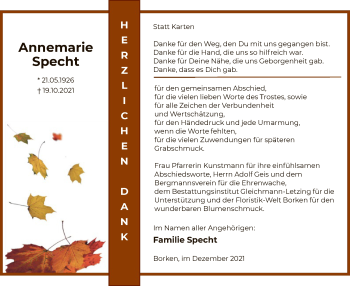 Todesanzeige von Annemarie Specht von HNA