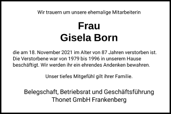 Todesanzeige von Gisela Born von HNA