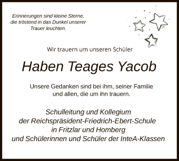 Todesanzeige von Haben Teages Yacob von HNA