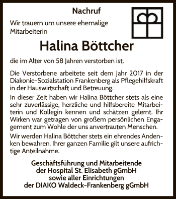 Todesanzeige von Halina Böttcher von HNA