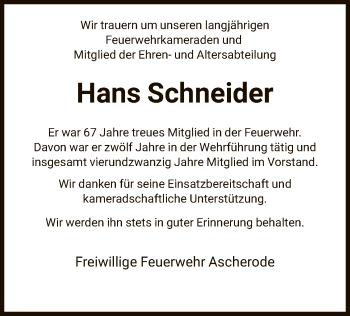 Todesanzeige von Hans Schneider von HNA