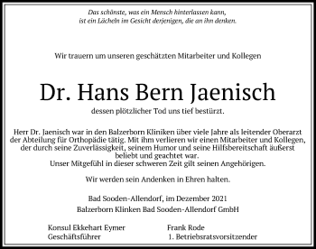 Todesanzeige von Hans Bern Jaenisch von HNA