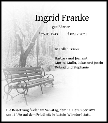Todesanzeige von Ingrid Franke von HNA