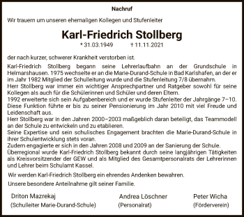 Todesanzeige von Karl-Friedrich Stollberg von HNA