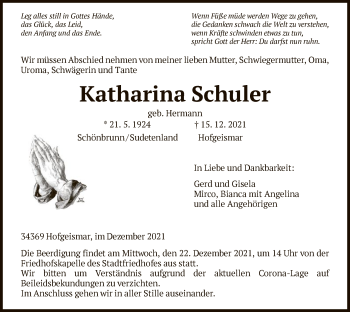 Todesanzeige von Katharina Schuler von HNA