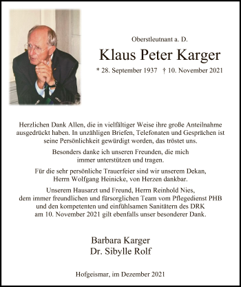 Todesanzeige von Klaus Peter Karger von HNA