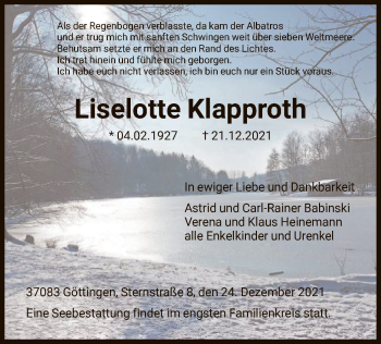 Todesanzeige von Liselotte Klapproth von HNA