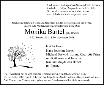 Todesanzeige von Monika Bartel von HNA