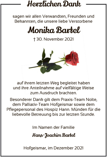 Todesanzeige von Monika Bartel von HNA