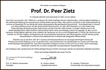 Todesanzeige von Peer Zietz von HNA