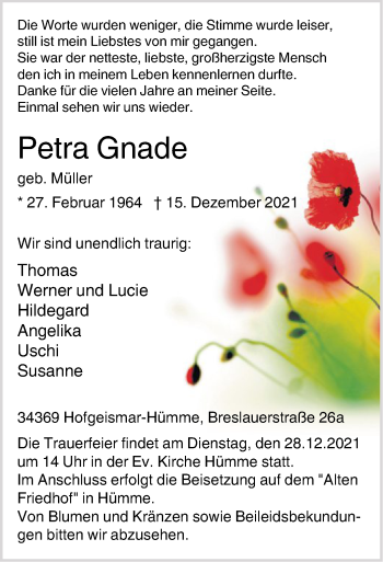 Todesanzeige von Petra Gnade von HNA