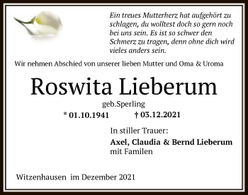 Todesanzeige von Roswita Lieberum von HNA