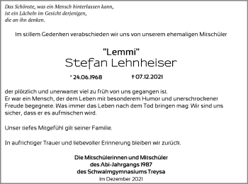 Todesanzeige von Stefan Lehnheiser von HNA