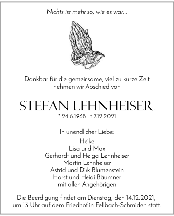 Todesanzeige von Stefan Lehnheiser von HNA