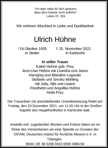 Todesanzeige von Ulrich Hühne von HNA