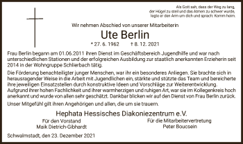 Todesanzeige von Ute Berlin von HNA