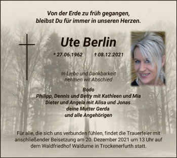 Todesanzeige von Ute Berlin von HNA