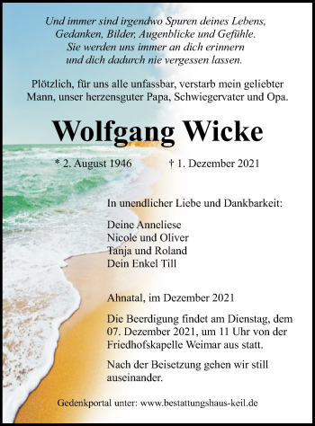 Todesanzeige von Wolfgang Wicke von HNA