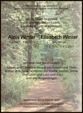 Todesanzeige von Alois und Elisabeth Winter von HNA