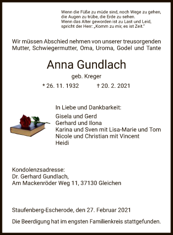 Todesanzeige von Anna Gundlach von HNA