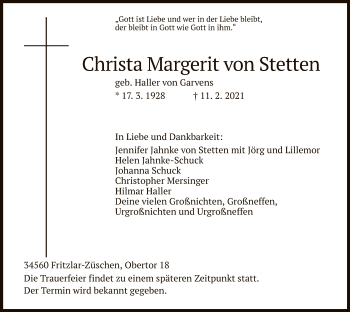 Todesanzeige von Christa Margerit von Stetten von HNA