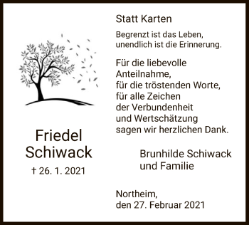 Todesanzeige von Friedel Schiwack von HNA