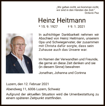 Todesanzeige von Heinz Heitmann von HNA