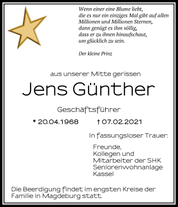 Todesanzeige von Jens Günther von HNA