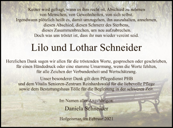 Todesanzeige von Lilo und Lothar  Schneider von HNA