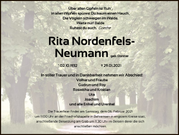 Todesanzeige von Rita Nordenfels-Neumann von HNA