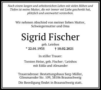 Todesanzeige von Sigrid Fischer von HNA