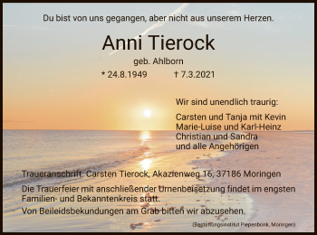 Todesanzeige von Anni Tierock von HNA