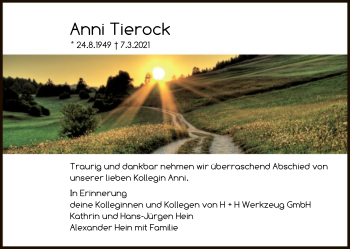 Todesanzeige von Anni Tierock von HNA