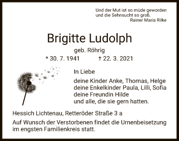Todesanzeige von Brigitte Ludolph von HNA