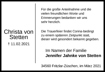 Todesanzeige von Christa von Stetten von HNA