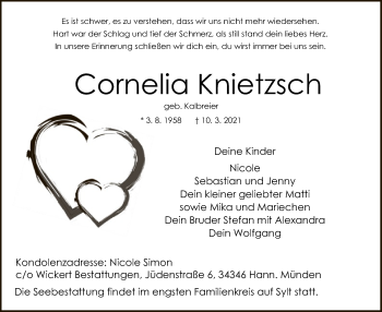 Todesanzeige von Cornelia Knietzsch von HNA