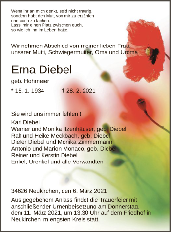 Todesanzeige von Erna Diebel von HNA