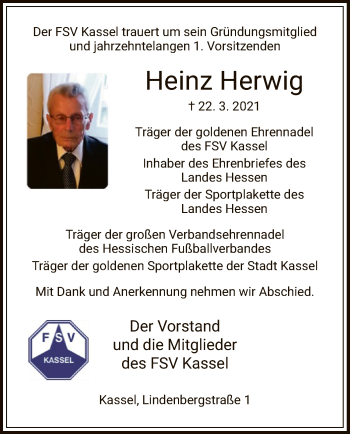 Todesanzeige von Heinz Herwig von HNA