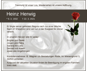 Todesanzeige von Heinz Herwig von HNA