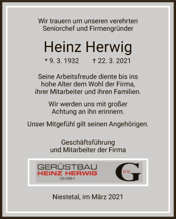 Todesanzeige von Heinz Herwig von HNA
