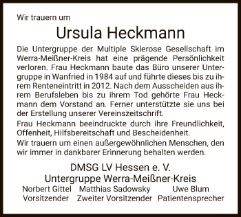 Todesanzeige von Ursula Heckmann von WRS