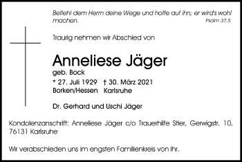 Todesanzeige von Anneliese Jäger von HNA