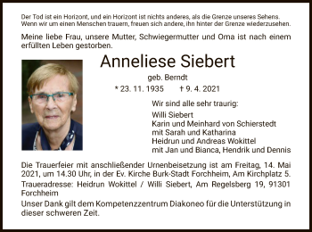 Todesanzeige von Anneliese Siebert von HNA
