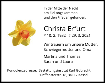 Todesanzeige von Christa Erfurt von HNA