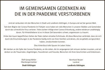 Todesanzeige von Die Stadt Göttingen gedenkt an von HNA